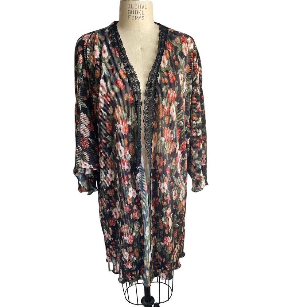 Vintage Val Mode Lingerie Floral Plisse Pleated 3/4 Sleeve Kimono Robe Medium
